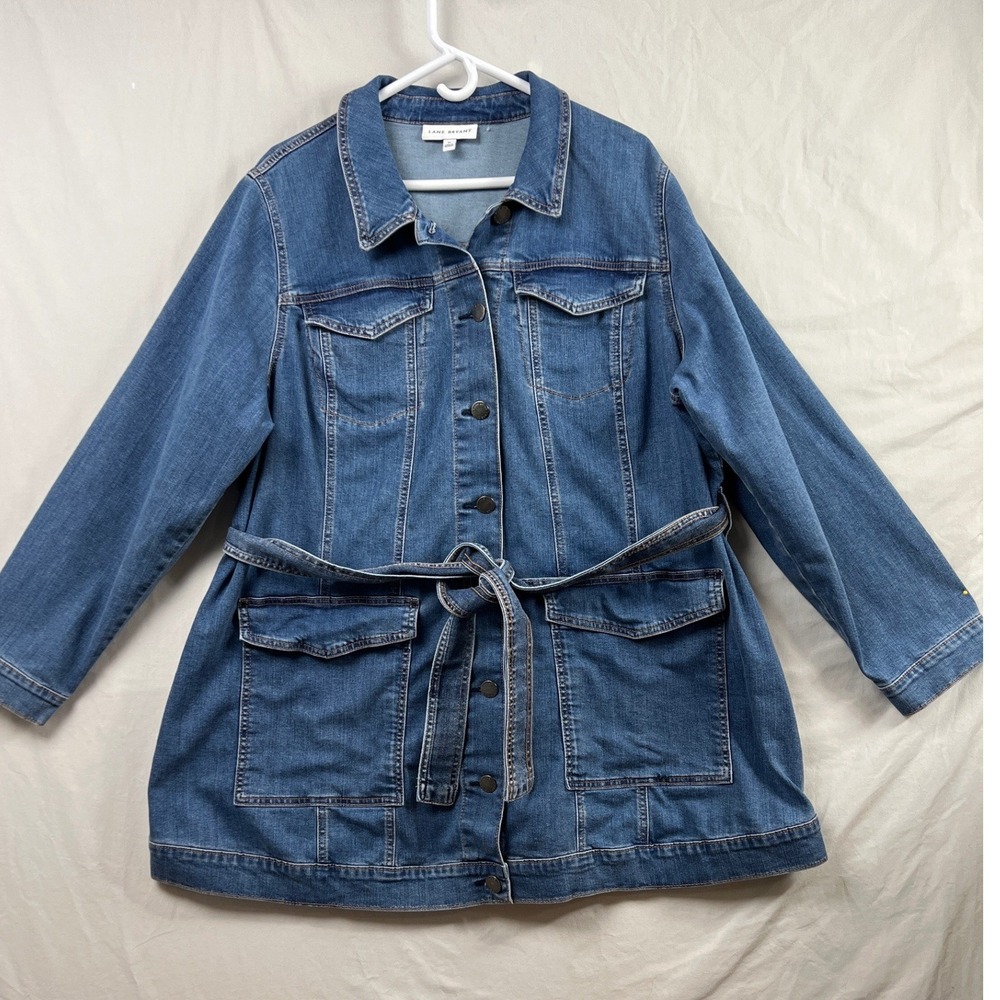 Lane Bryant Denim Jacket Women 22 Blue Belted Longline Utility Chore Coat